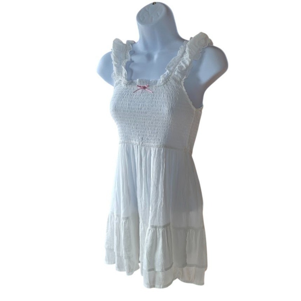 Love Tree White Mini Sun Dress Women S Smocked Ruffle Bow Cottagecore Coquette - Picture 3 of 12